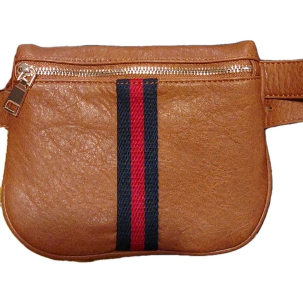Moda‎ Luxe Tan Vegan Leather Belt Bag Varsity Stripe Fanny Pack -NWOT